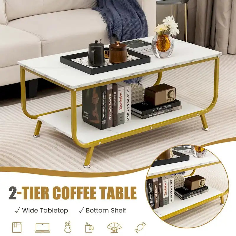 Table basse moderne à 2 niveaux en marbre avec rangement