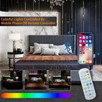 Cadre de lit moderne illuminé avec garniture dorée - Design rembourré et chic