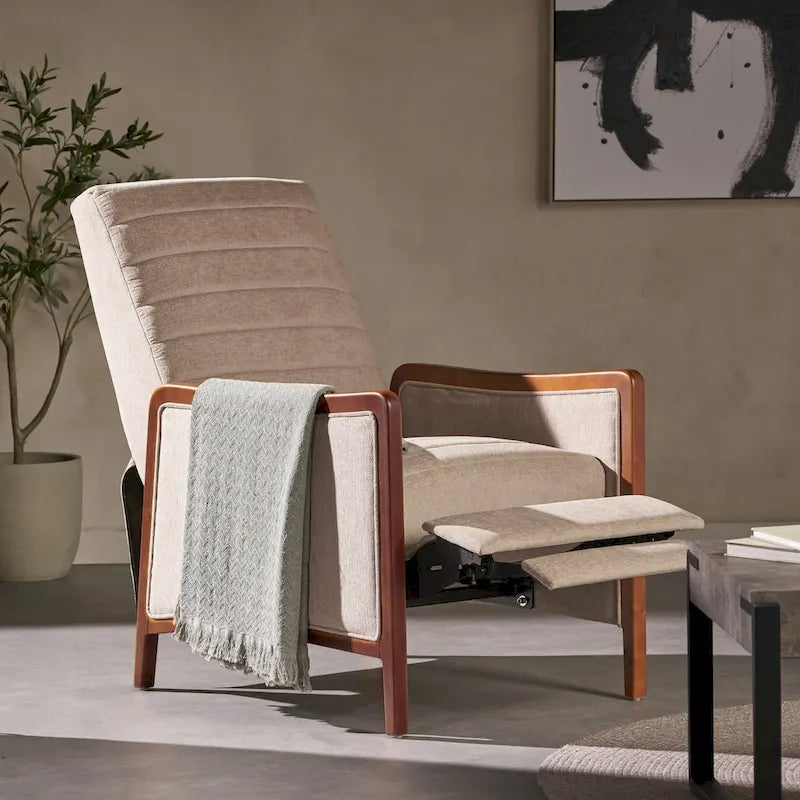 Fauteuil inclinable à poussoir en bois avec surpiqûres à canaux en tissu moderne du milieu du siècle