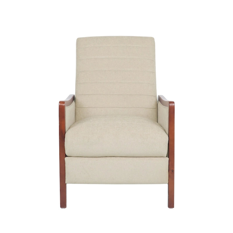 Fauteuil inclinable à poussoir en bois avec surpiqûres à canaux en tissu moderne du milieu du siècle