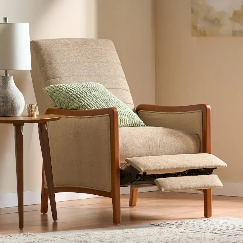 Fauteuil inclinable à poussoir en bois avec surpiqûres à canaux en tissu moderne du milieu du siècle