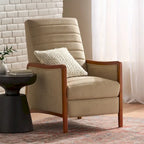 Fauteuil inclinable à poussoir en bois avec surpiqûres à canaux en tissu moderne du milieu du siècle