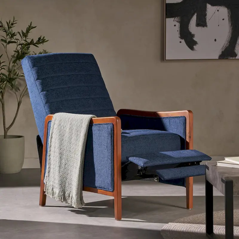 Fauteuil inclinable à poussoir en bois avec surpiqûres à canaux en tissu moderne du milieu du siècle