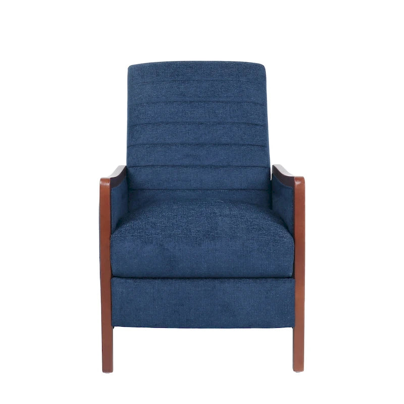 Fauteuil inclinable à poussoir en bois avec surpiqûres à canaux en tissu moderne du milieu du siècle
