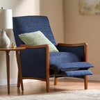 Fauteuil inclinable à poussoir en bois avec surpiqûres à canaux en tissu moderne du milieu du siècle