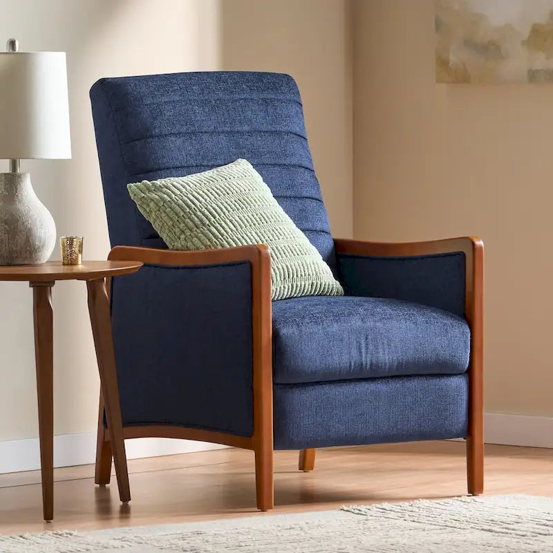 Fauteuil inclinable à poussoir en bois avec surpiqûres à canaux en tissu moderne du milieu du siècle