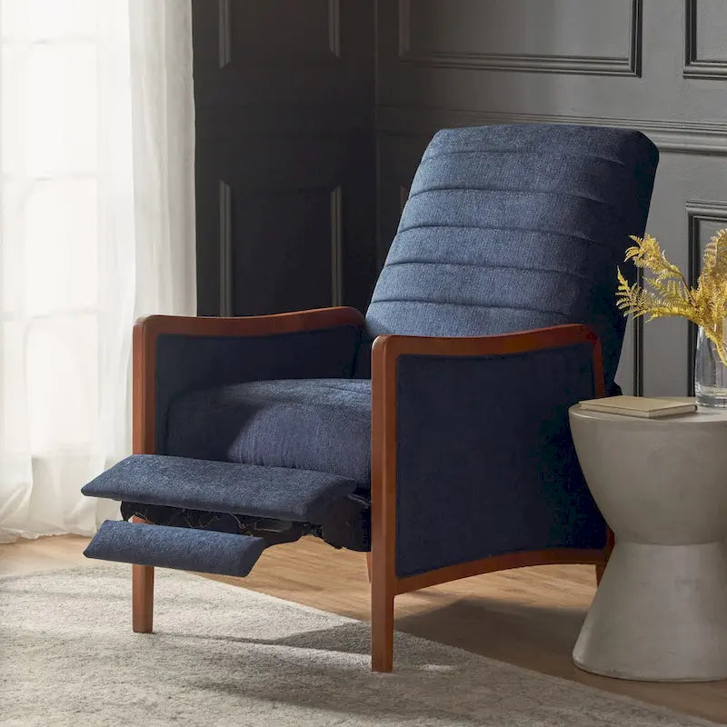 Fauteuil inclinable à poussoir en bois avec surpiqûres à canaux en tissu moderne du milieu du siècle