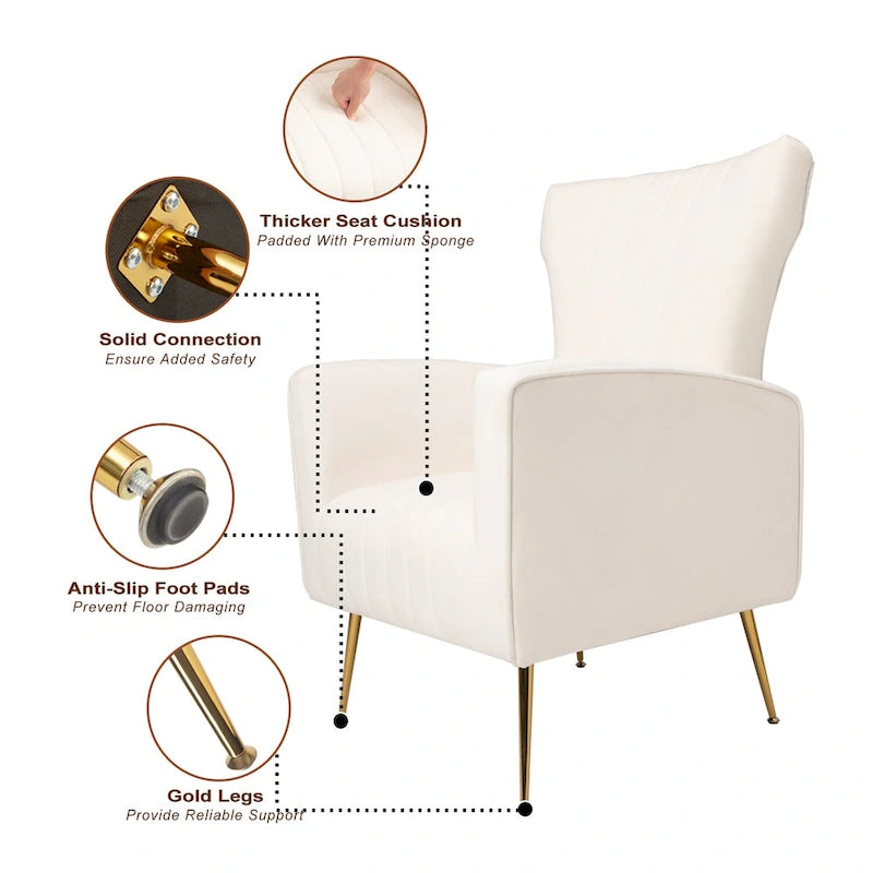 Fauteuil d'appoint en velours, fauteuil à dossier haut avec pieds dorés, canapé simple rembourré