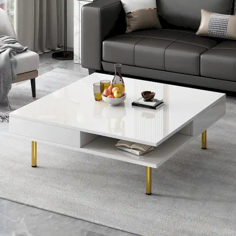 Table Basse Brillante à 2 Niveaux Design Carré