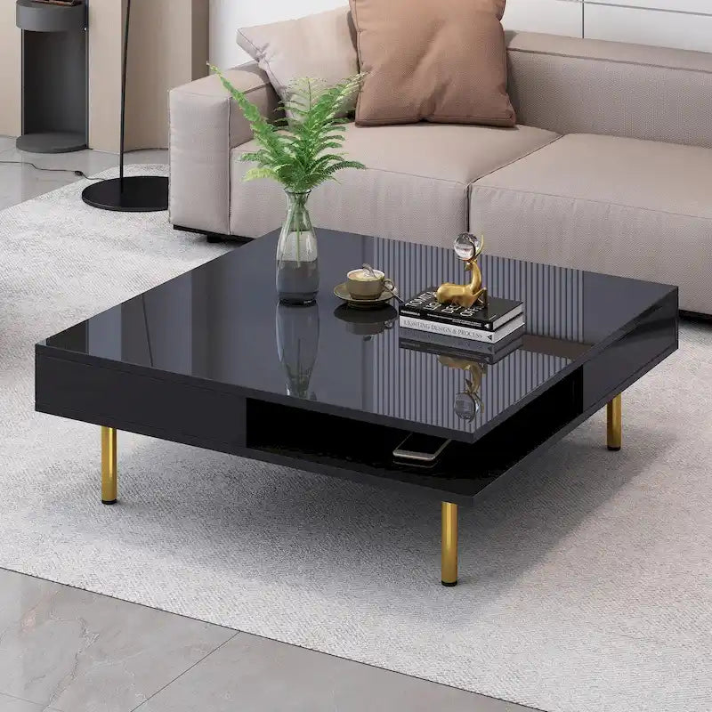 Table Basse Brillante à 2 Niveaux Design Carré