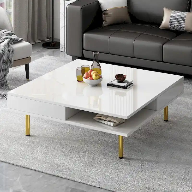 Table Basse Brillante à 2 Niveaux Design Carré
