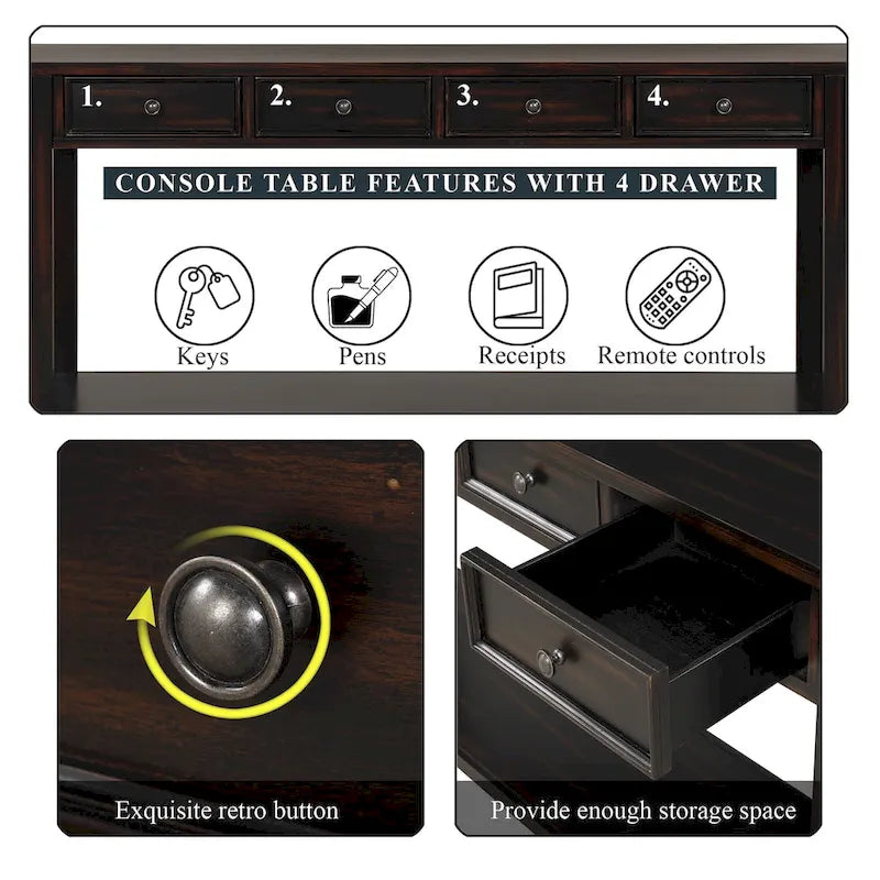 Console en pin avec 4 tiroirs et 1 étagère inférieure