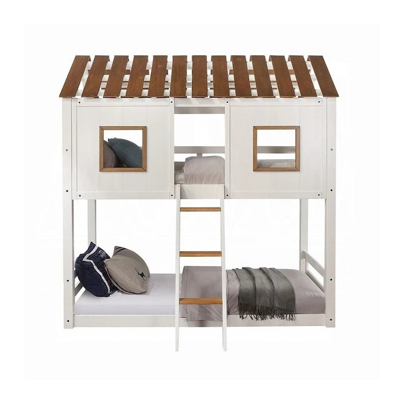 Lit superposé double en bois blanc et chêne rustique