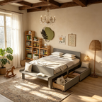 Lit double avec banc de pied de lit, 2 tiroirs