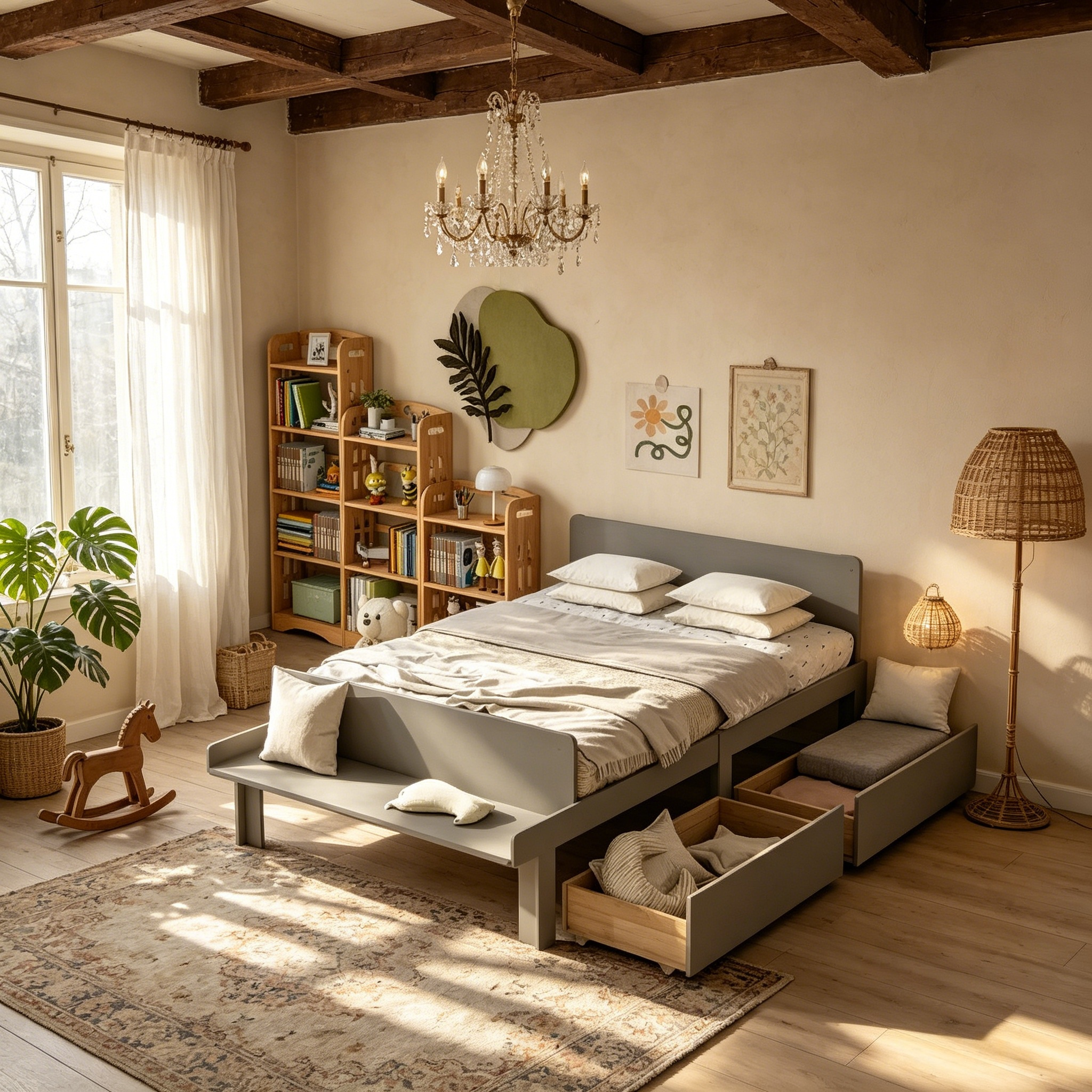 Lit double avec banc de pied de lit, 2 tiroirs