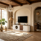 Meuble TV courbé au sol avec 3 tiroirs et 3 portes décoratives